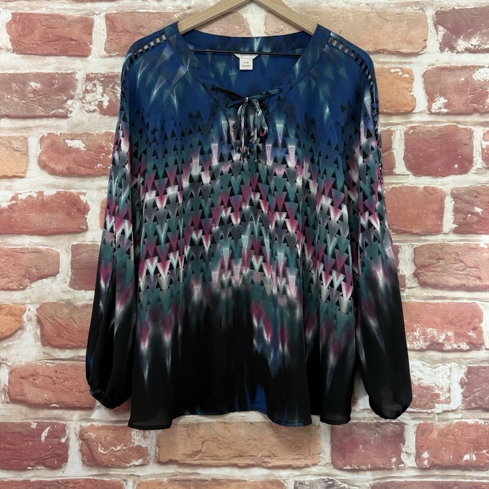 Ariat Top Women's Large Multicolor Western Abstract Lattice Sleeve Casual Shirt